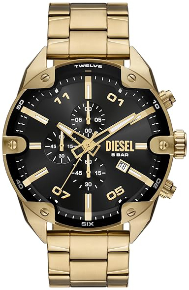 Diesel Herreklokke DZ4678 Spiked Sort/Gulltonet stål Ø49 mm