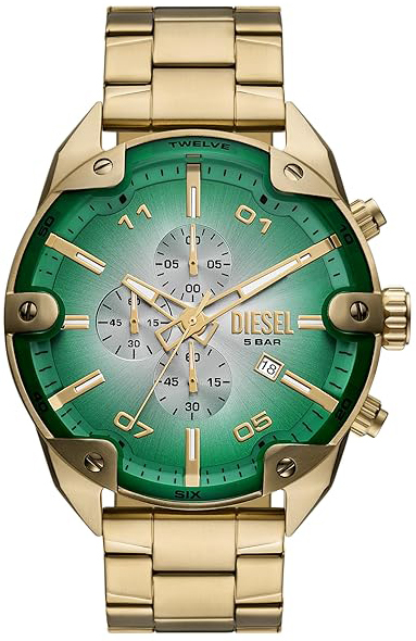 Diesel Herreklokke DZ4685 Spiked Grønn/Gulltonet stål Ø49 mm