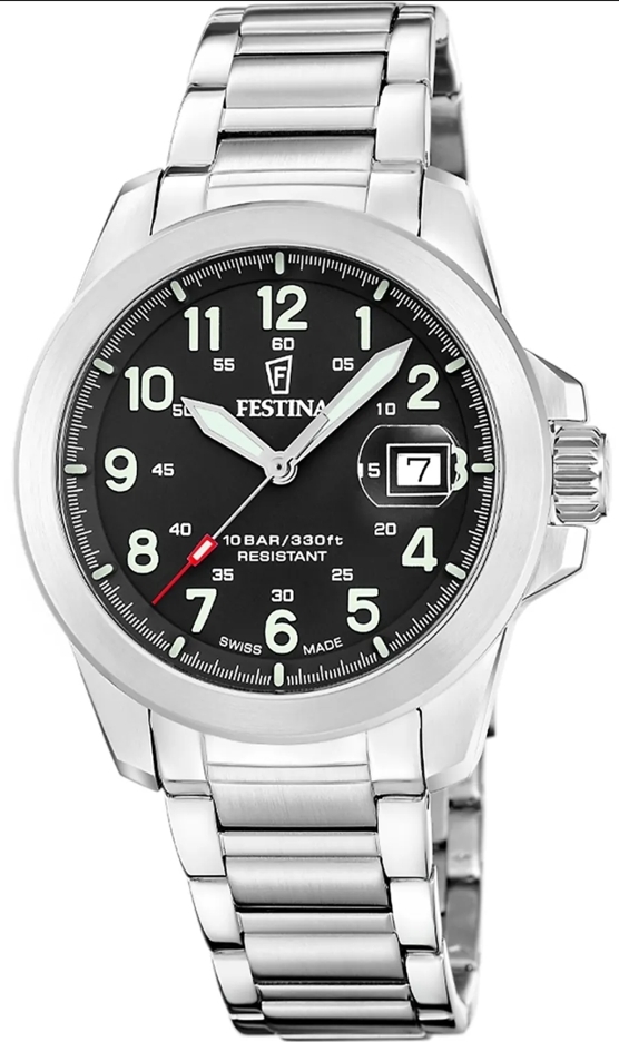 Festina Herreklokke F20081-4 Swiss Made Field Sort/Stål Ø41.8 mm