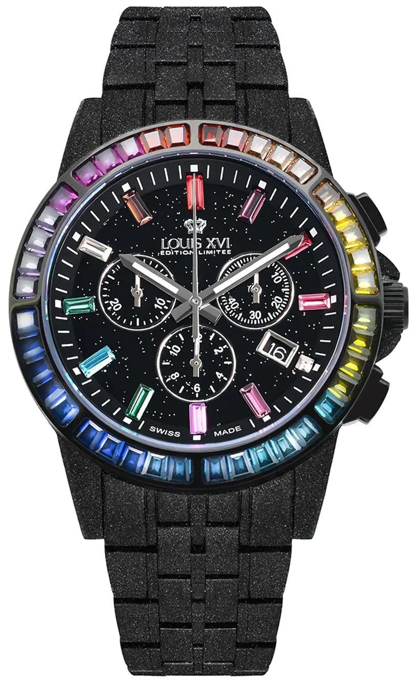 Louis XVI Herreklokke LXVI1129 Majeste Frosted Iced Out Sort/Stål