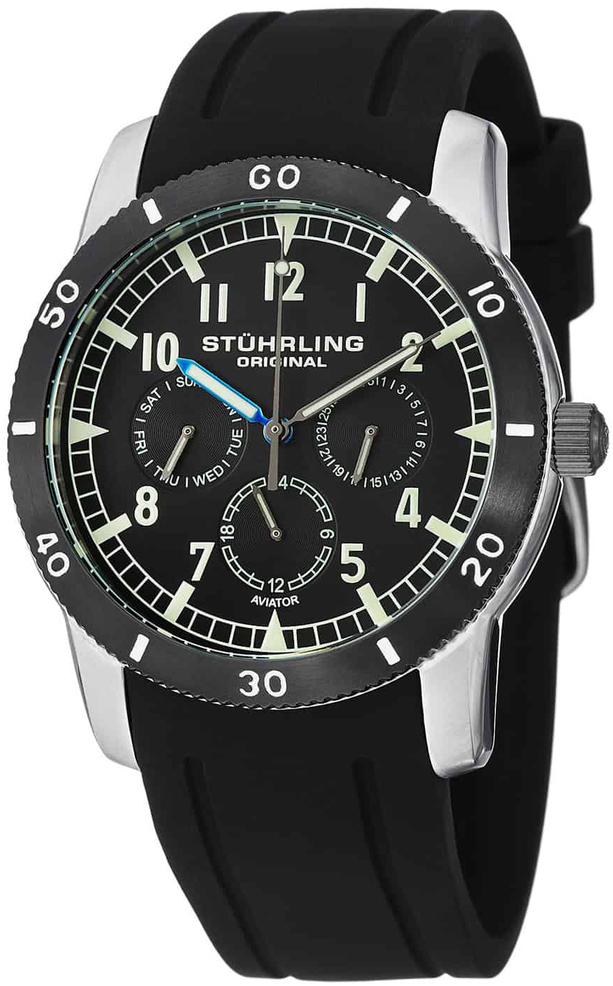 Stührling Original Herreklokke 818.B.02 Aviator Sort/Gummi Ø42 mm