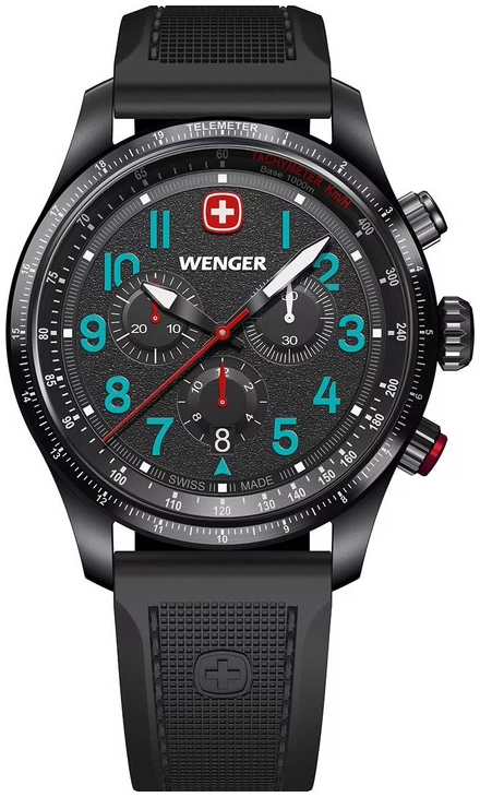 Wenger Herreklokke 01.0543.116 Terragraph Sort/Gummi Ø43 mm