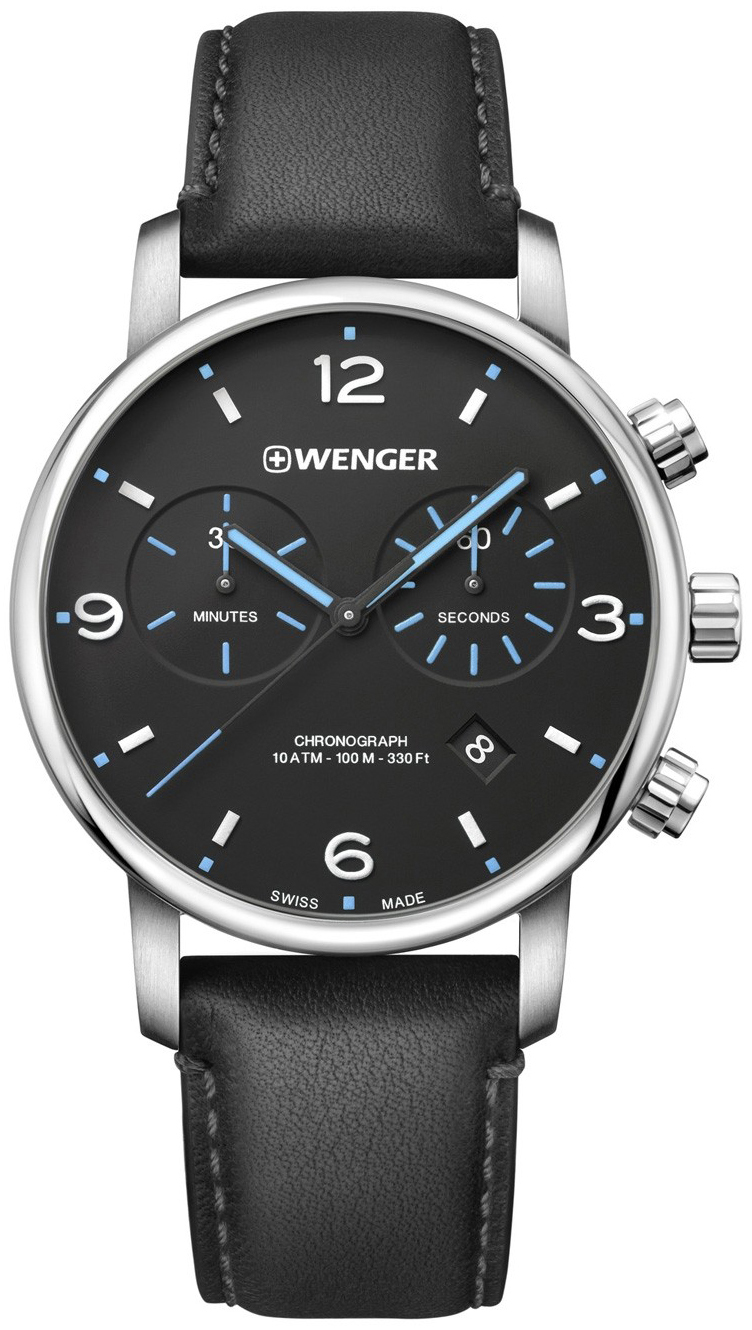 Wenger Herreklokke 01.1743.120 Sort/Lær Ø44 mm